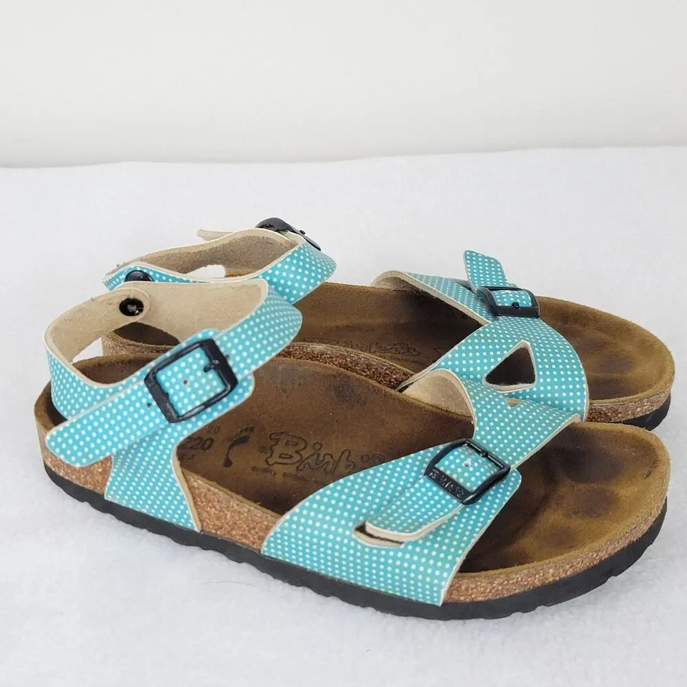 Birkenstock Turquoise White Polka Dot Sandals Sz 34 Kids 3.5 Strappy Leather
